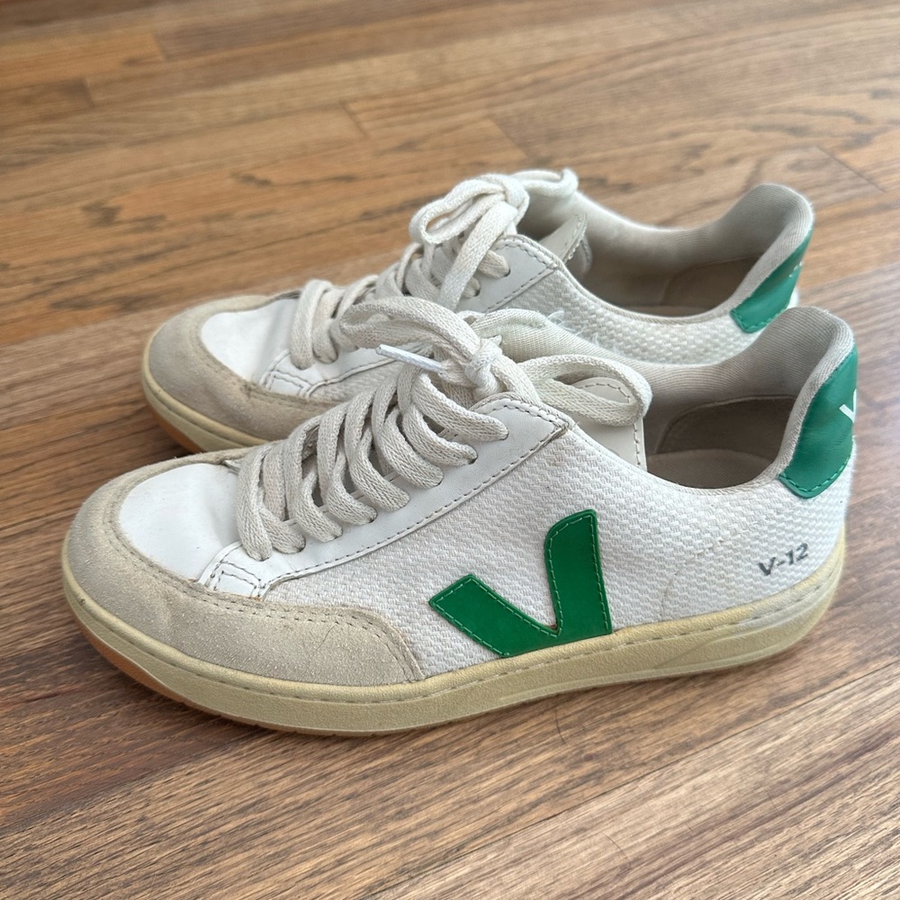 Veja V-12 Sneakers in White and Green